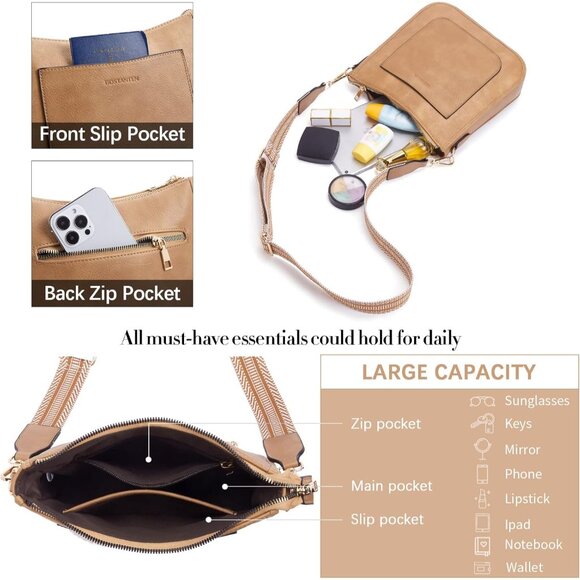 Elegant Vegan Leather Crossbody Bag with Adjustable Guitar Strap - 10.19" Tan - Picture 3 of 8